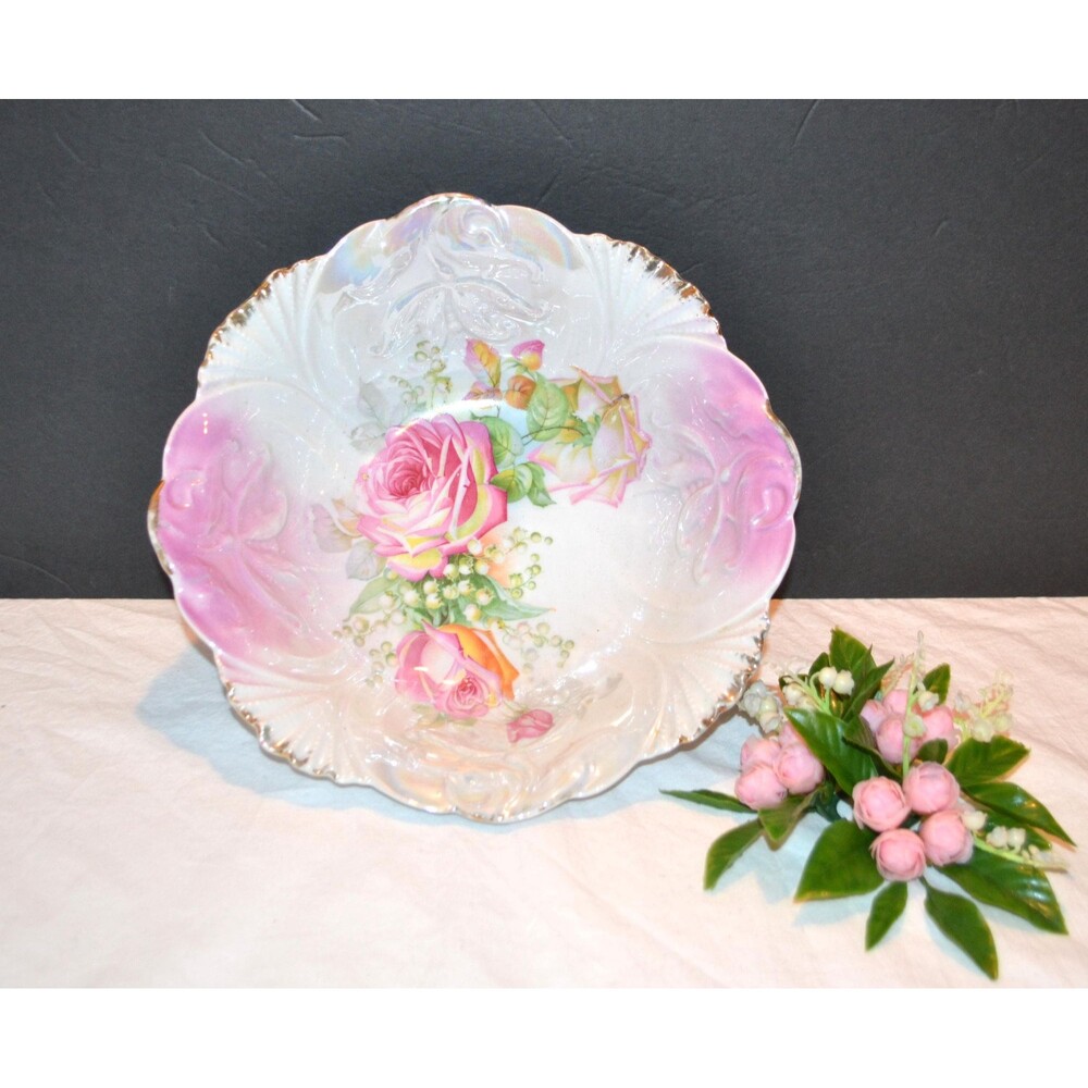Vintage Bowl Roses and Lily of The Valley Scalloped